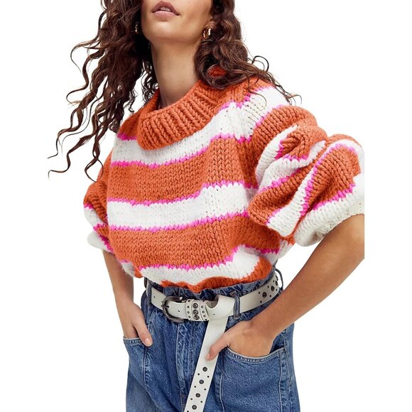 Sweaters - Women's Stripe Pullover Sweater Turtleneck Ribbed Top Chunky Knitwear Orange